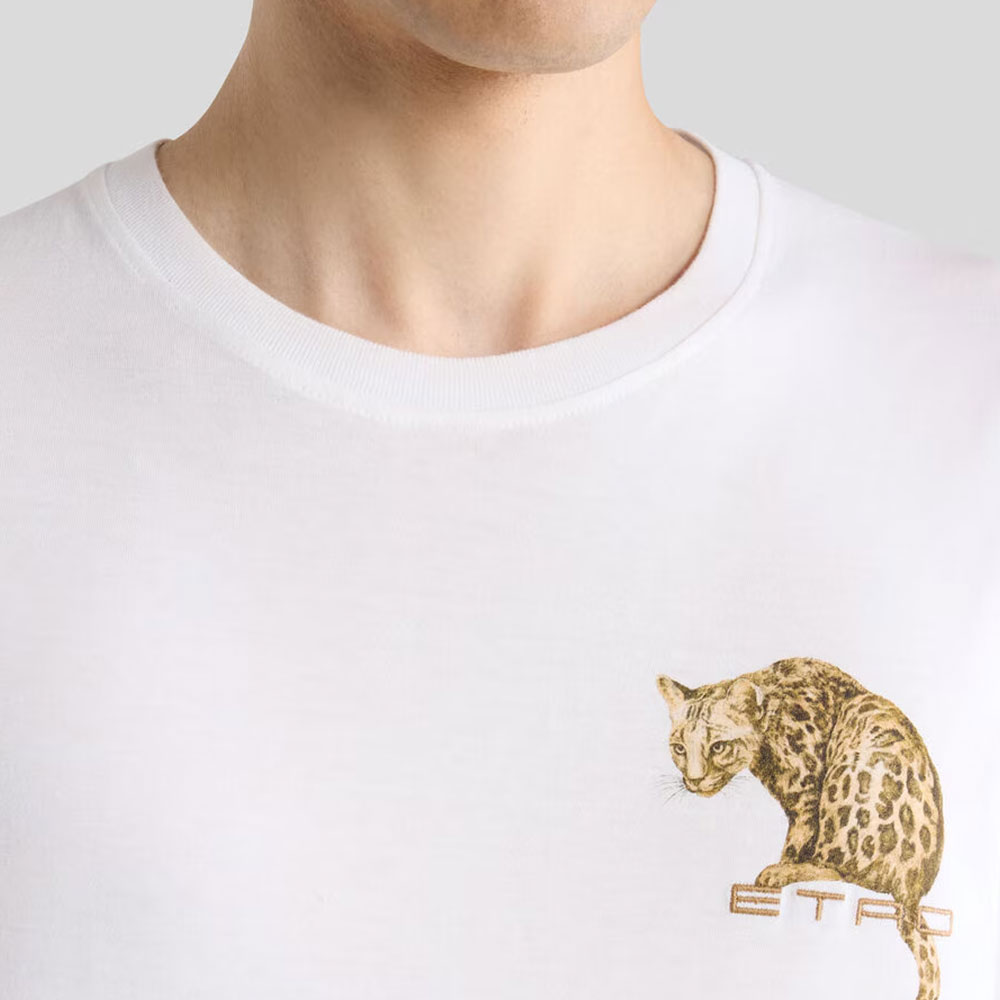 Camiseta de algodón con estampado de leopardo y bordado AR465 W0001 Etro
