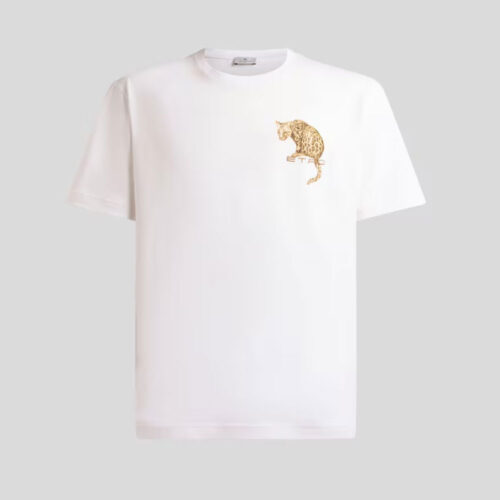 Camiseta de algodón con estampado de leopardo y bordado AR465 W0001 Etro