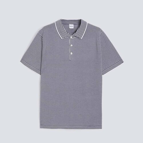 Aspesi polo shirt model 812 made of cotton, silk and linen with a dark blue stripe