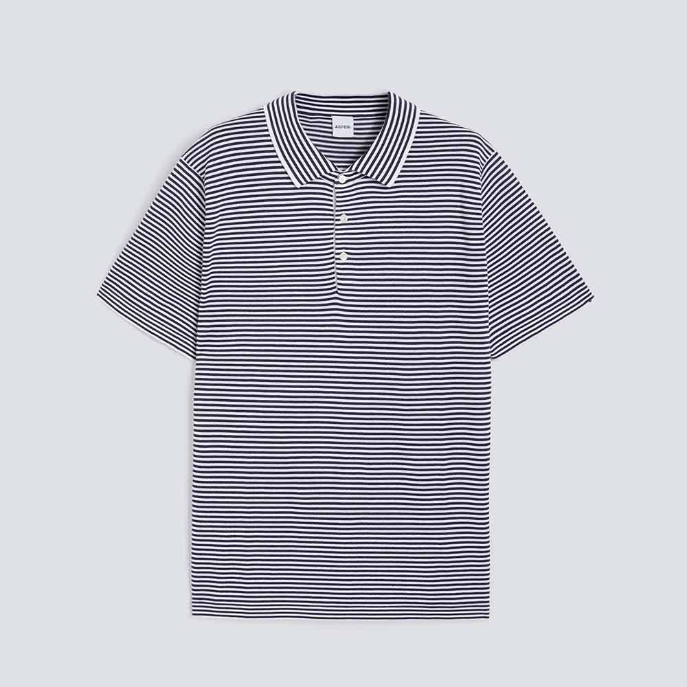 Aspesi polo modelo 812 tejido de algodón, seda y lino raya azul oscuro